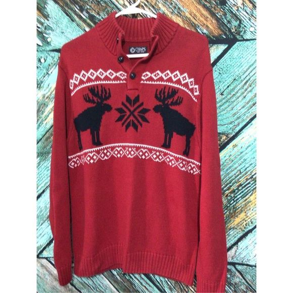 Chaps Moose Print 🫎 Sweater Red White Size Medium 3 Buttons Front ~ Beautiful S - Picture 9 of 12